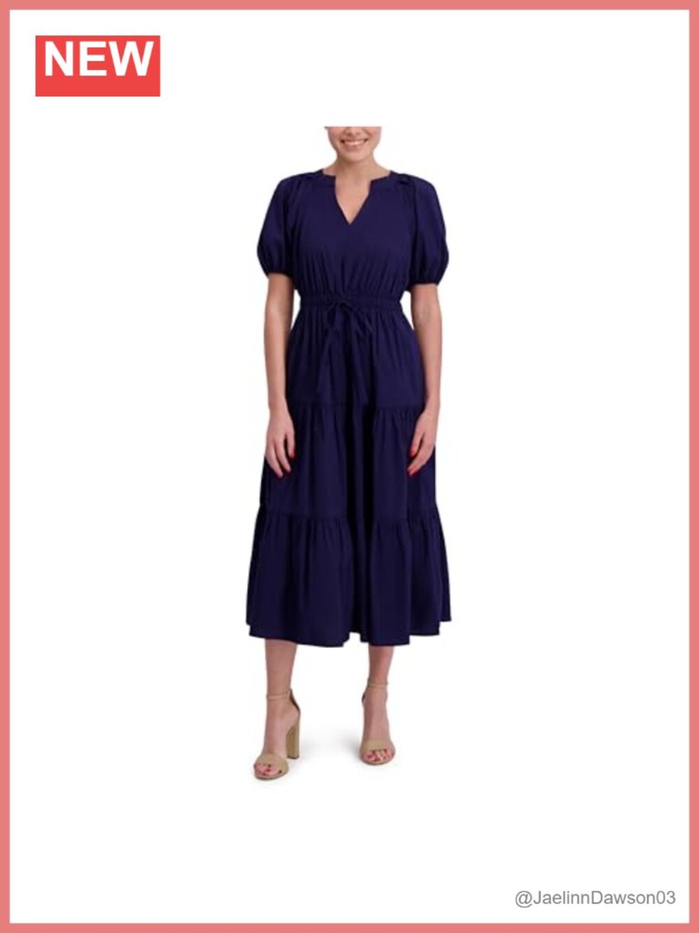 Puff Sleeve Tiered Midi Dress Slit Neck A-Line Business Casual Spring Summer